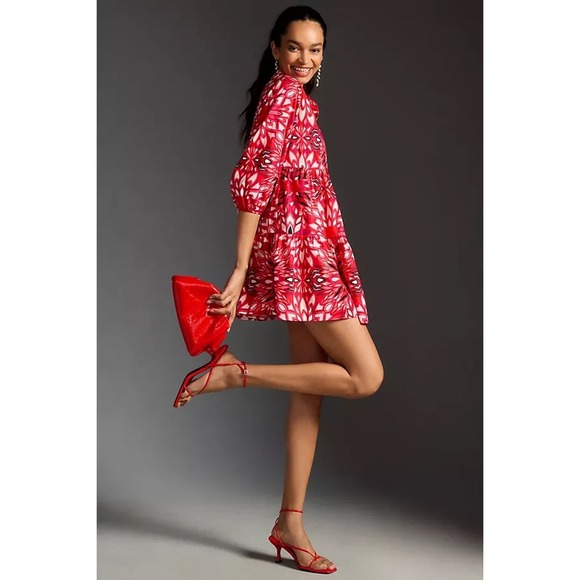 Anthropologie Dresses & Skirts - Maeve Anthropologie Bettina Dress XXS Red Floral Cotton Tiered Mini 3/4 Sleeve